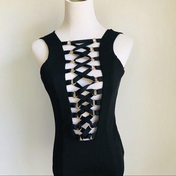 Bodysuit in Black with Gold Metal Tie Up Front. - Picture 5 of 7